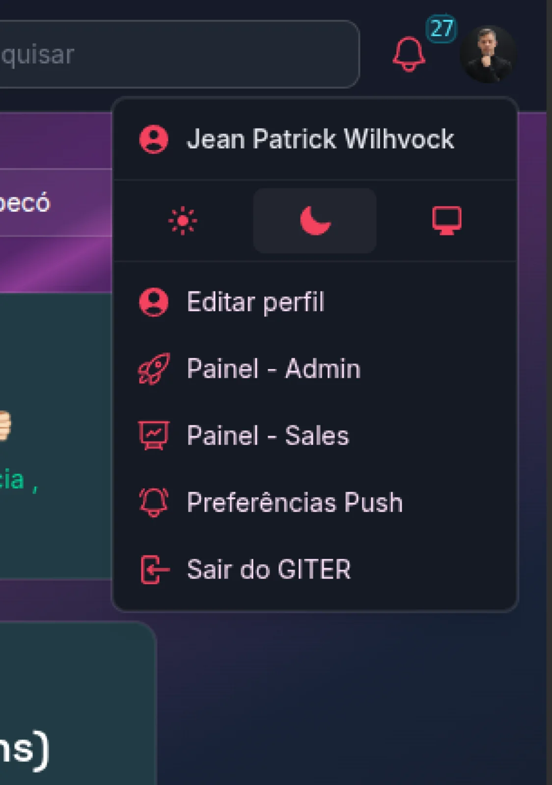 Menu de usuário
